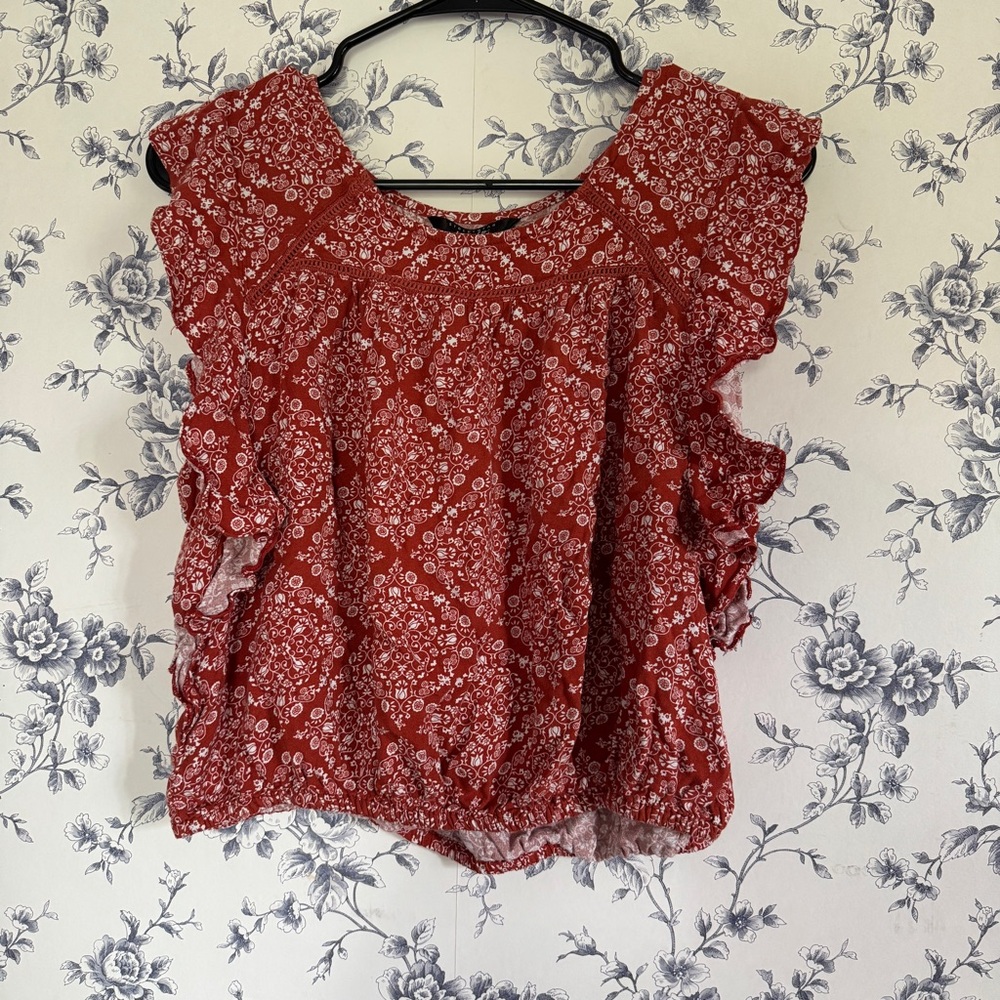 Orange and White Floral Cropped Flutter Sleeve Blouse
